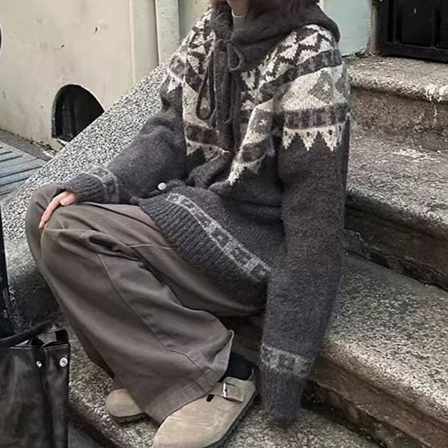 カジュアルコーデ 秋冬新作 北欧柄ニット厚手フード付きカーディガン