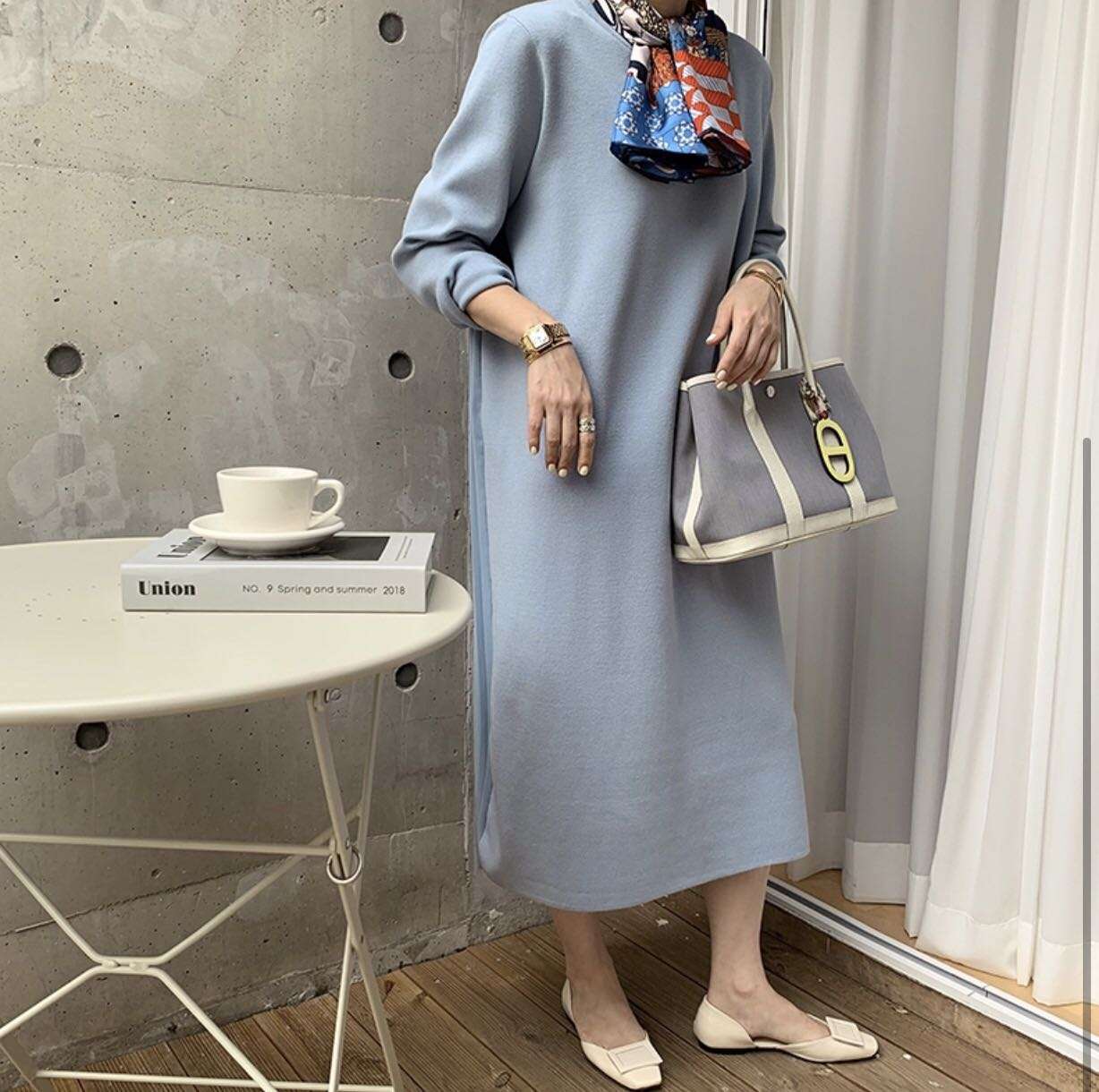 カジュアルコーデ  プリーツ切替えロングワンピース