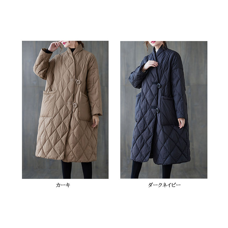 カジュアルコーデ キルティング中綿ロング丈アウター 体型カバー暖かコート
