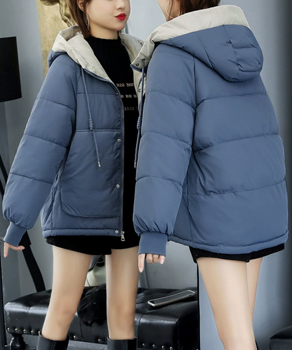 カジュアルコーデ 配色フード付き中綿アウター レディース冬用ジャケット