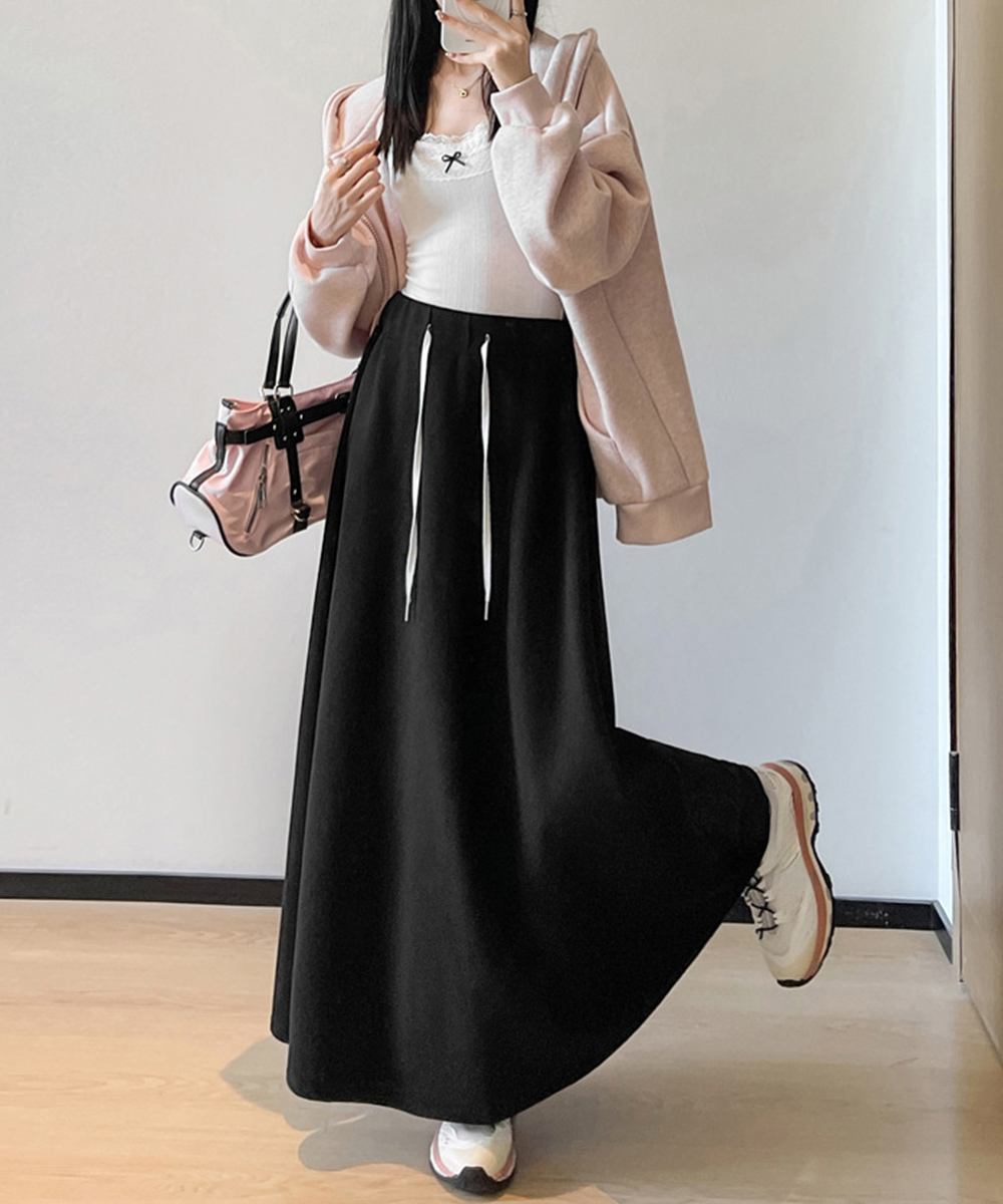 カジュアルコーデ ウエストゴム スウェット ロングスカート 美脚 春秋冬