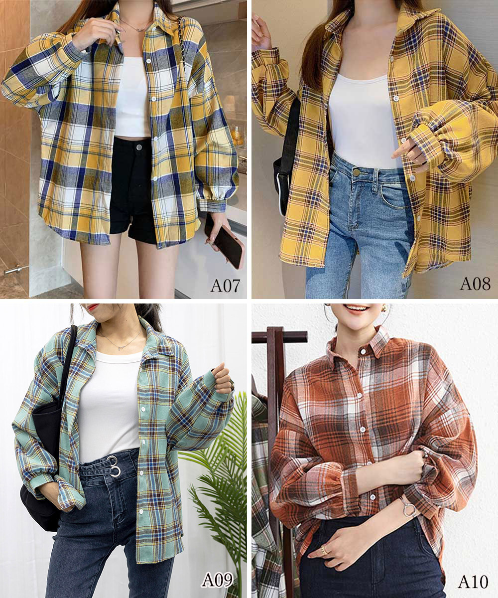 カジュアルコーデ ゆったりチェック柄シャツ 長袖 体型カバー