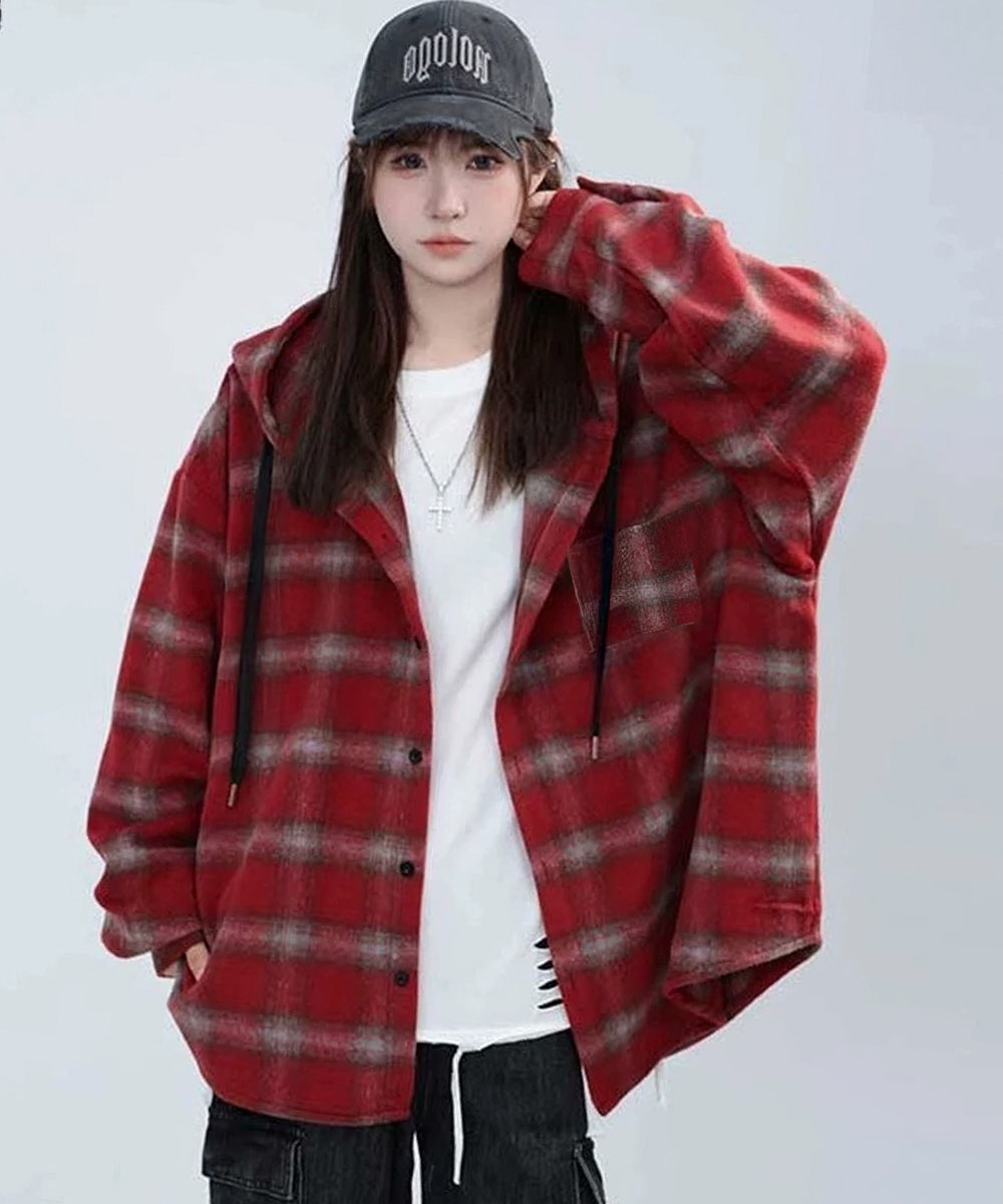 カジュアルコーデ チェック柄フード付きシャツ レディース秋冬羽織り
