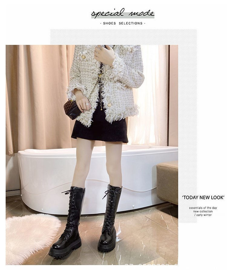 カジュアルコーデ 秋冬厚底ロングブーツ編み上げ美脚効果裏起毛