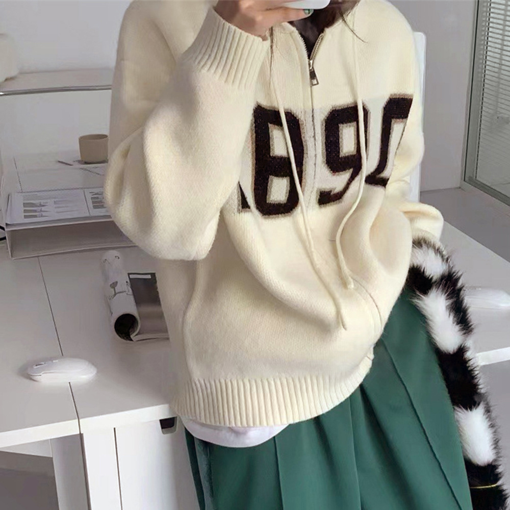 カジュアルコーデ 数字刺繍フード付きニットカーディガン秋冬