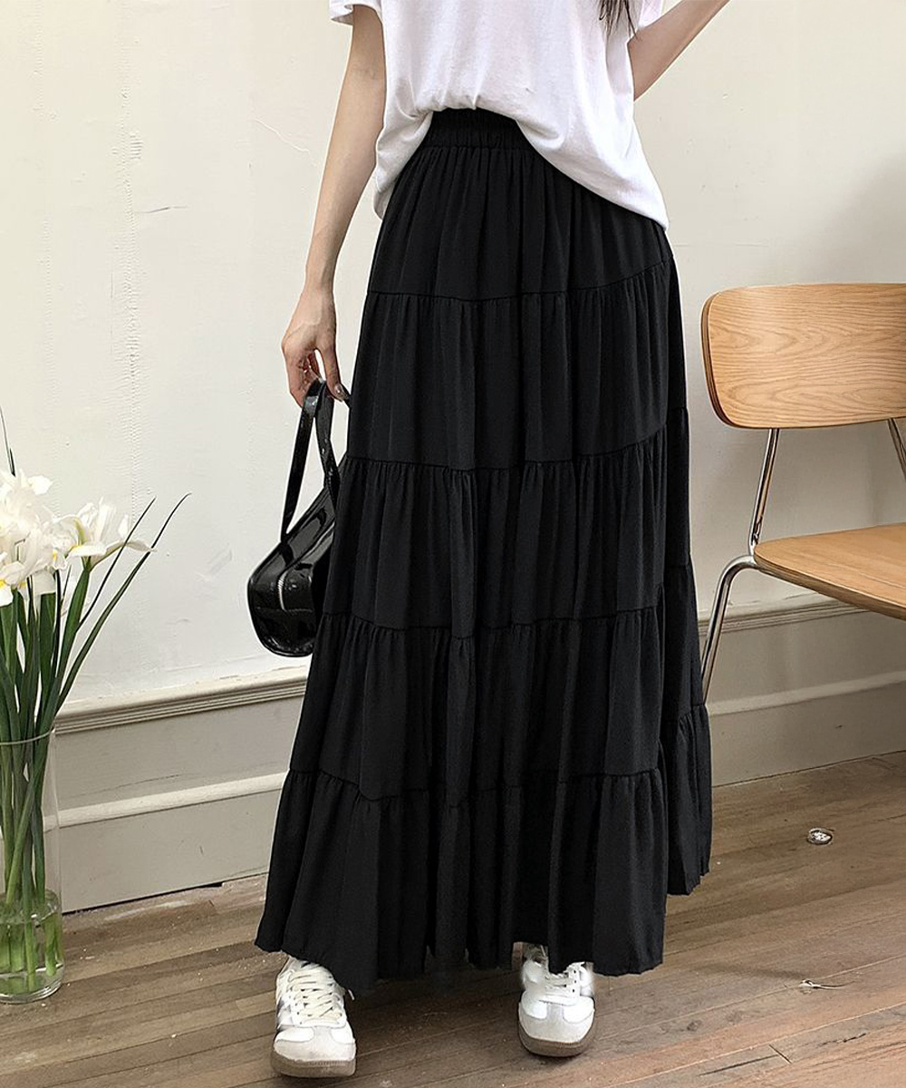 カジュアルコーデ 5段ティアード韓国風ロングスカート体型カバー