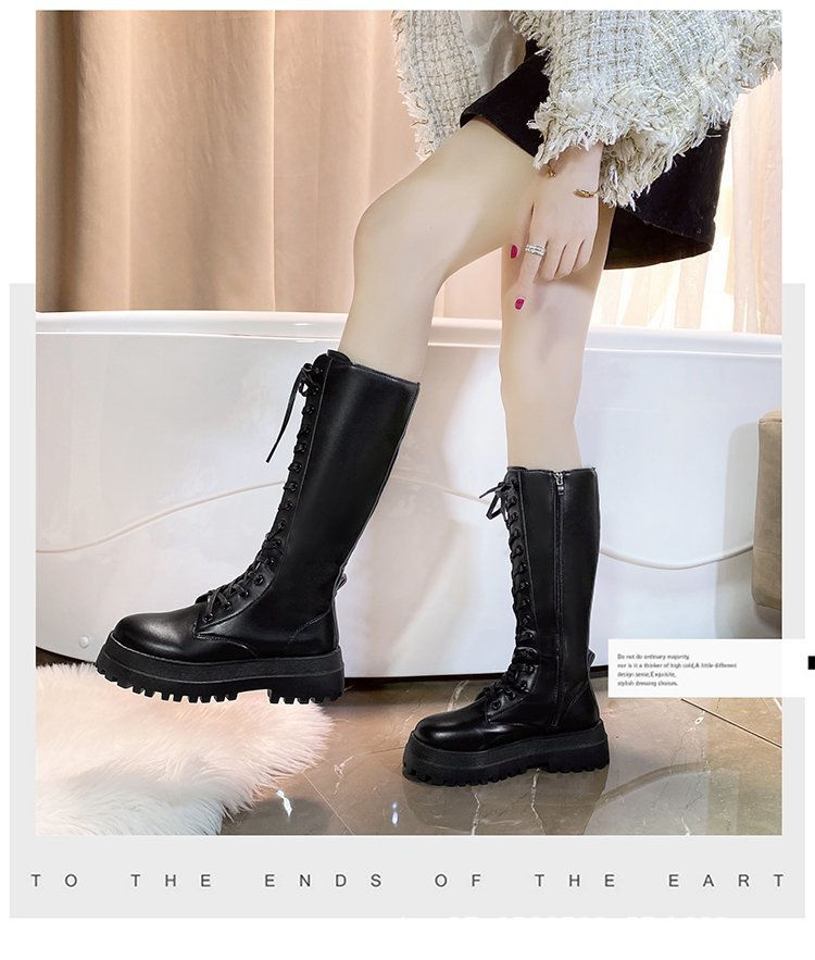 カジュアルコーデ 秋冬厚底ロングブーツ編み上げ美脚効果裏起毛