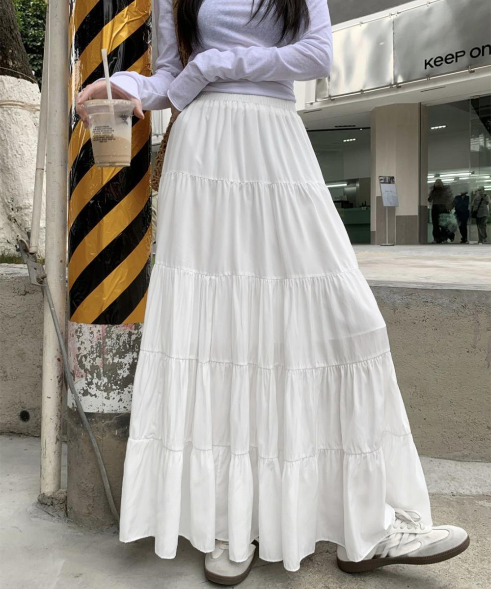 カジュアルコーデ 5段ティアード韓国風ロングスカート体型カバー