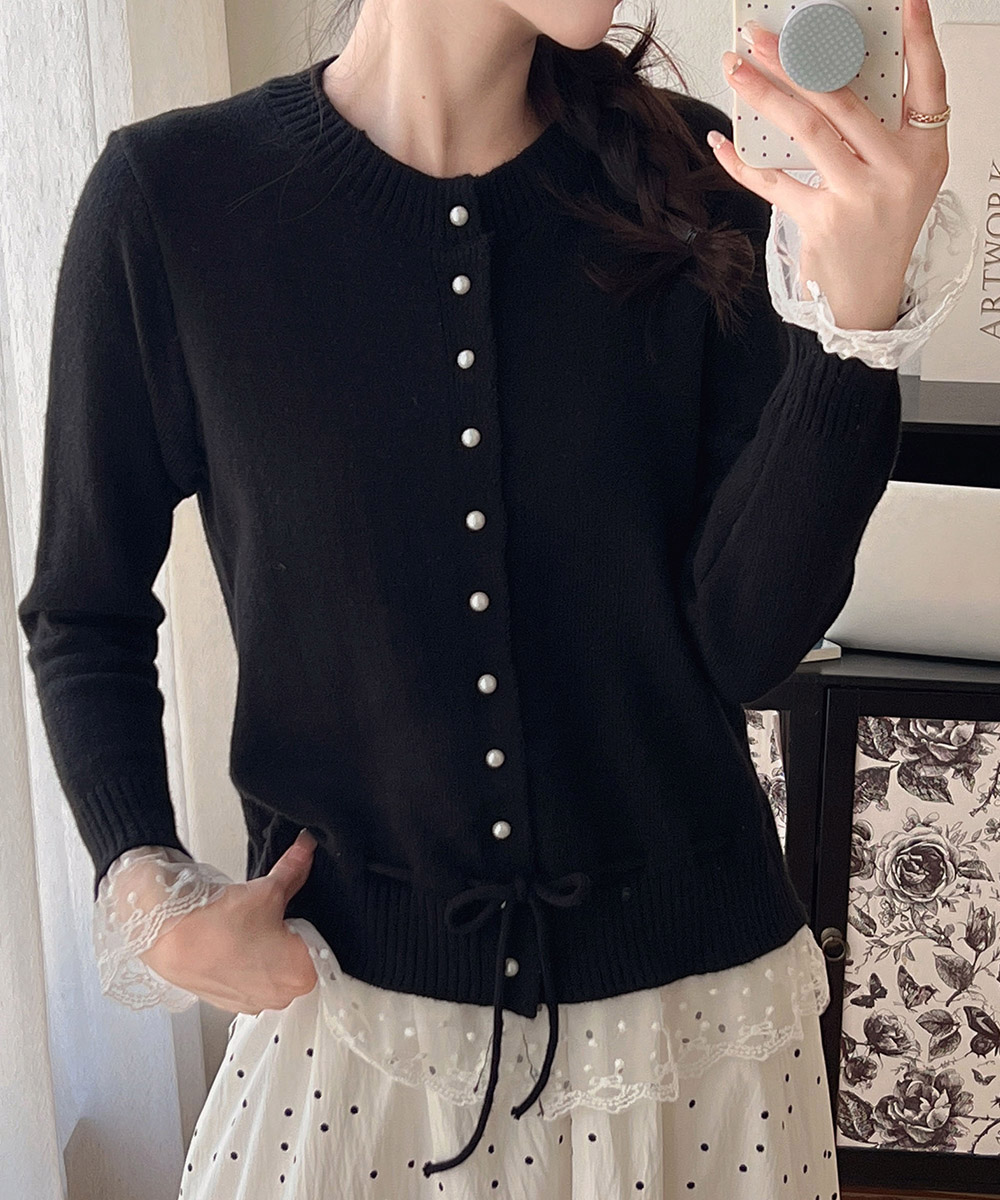 カジュアルコーデ レース切替えニットカーディガン長袖秋冬