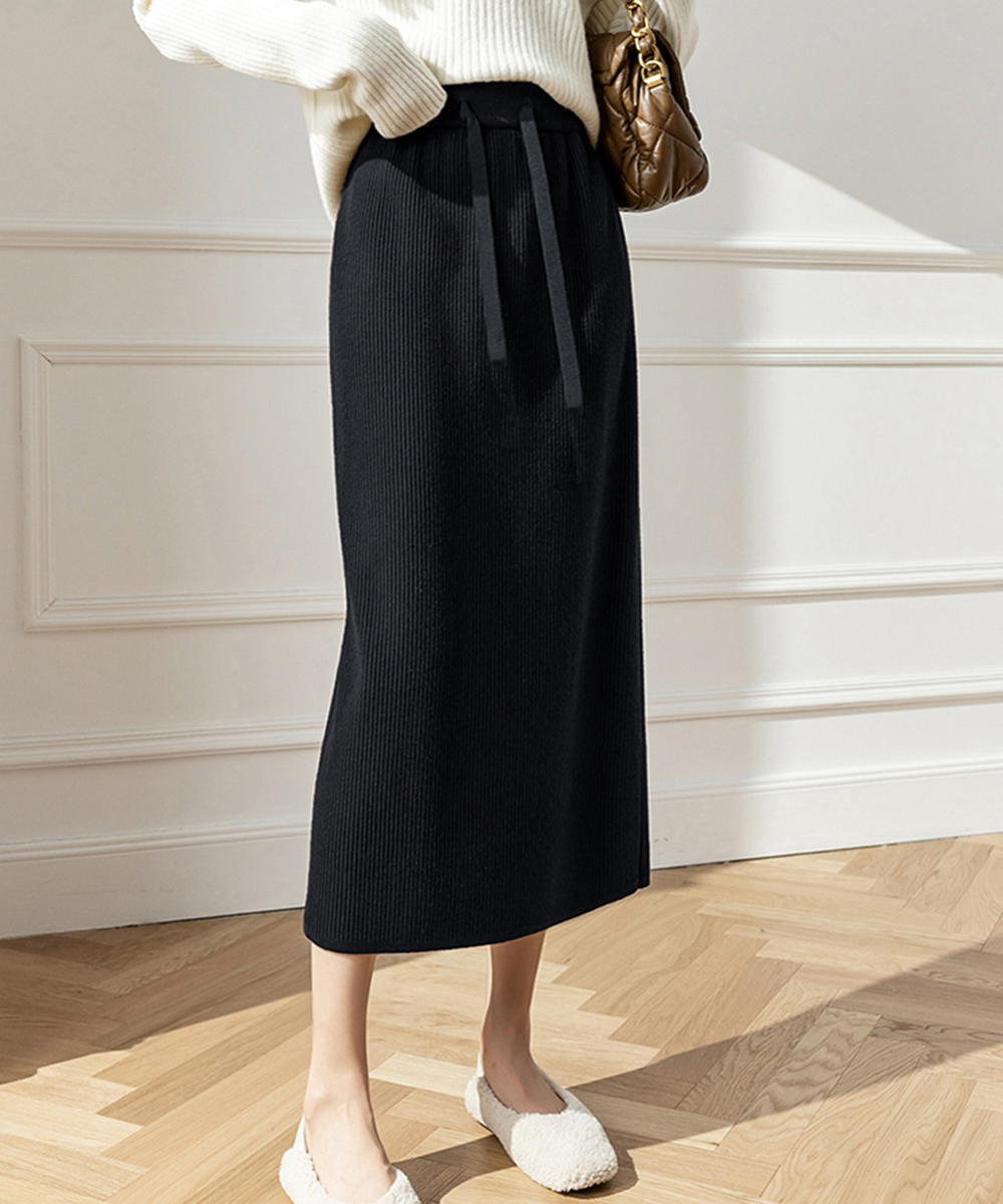 カジュアルコーデ リブニットロングスカート ミモレ丈 秋冬 韓国風