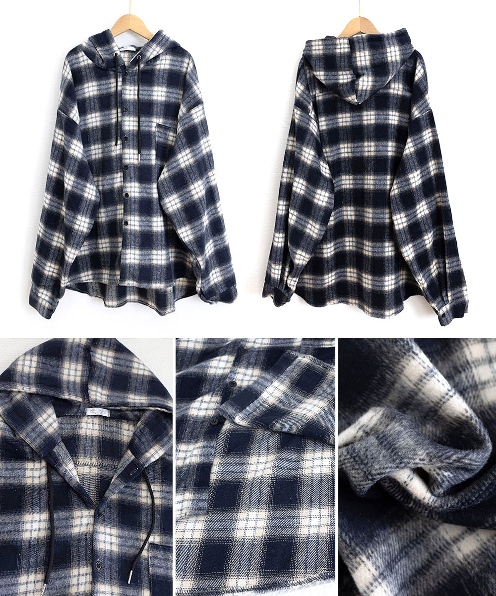 カジュアルコーデ チェック柄フード付きシャツ レディース秋冬羽織り