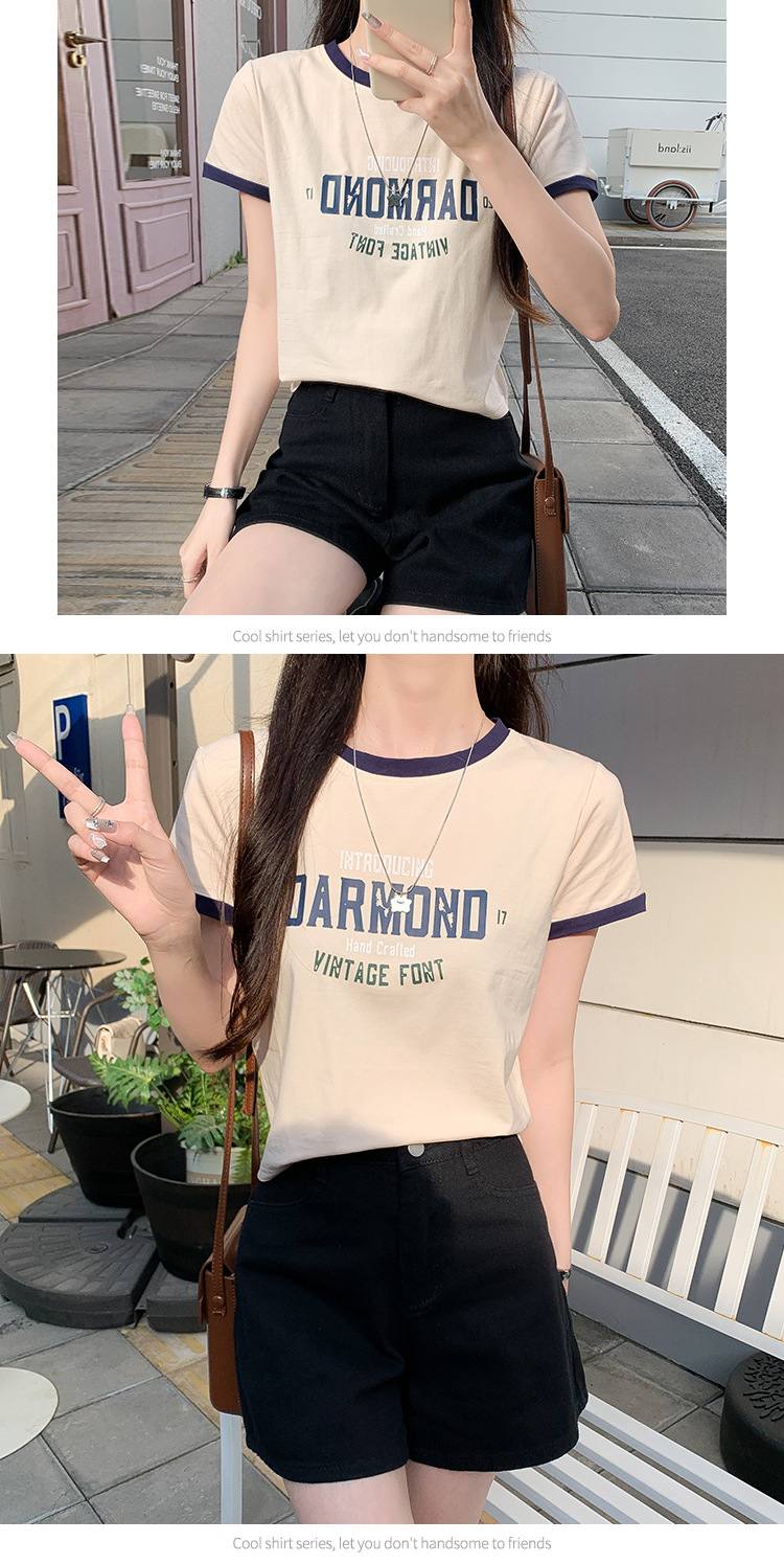 カジュアルコーデ レトロプリント リンガー半袖Tシャツ