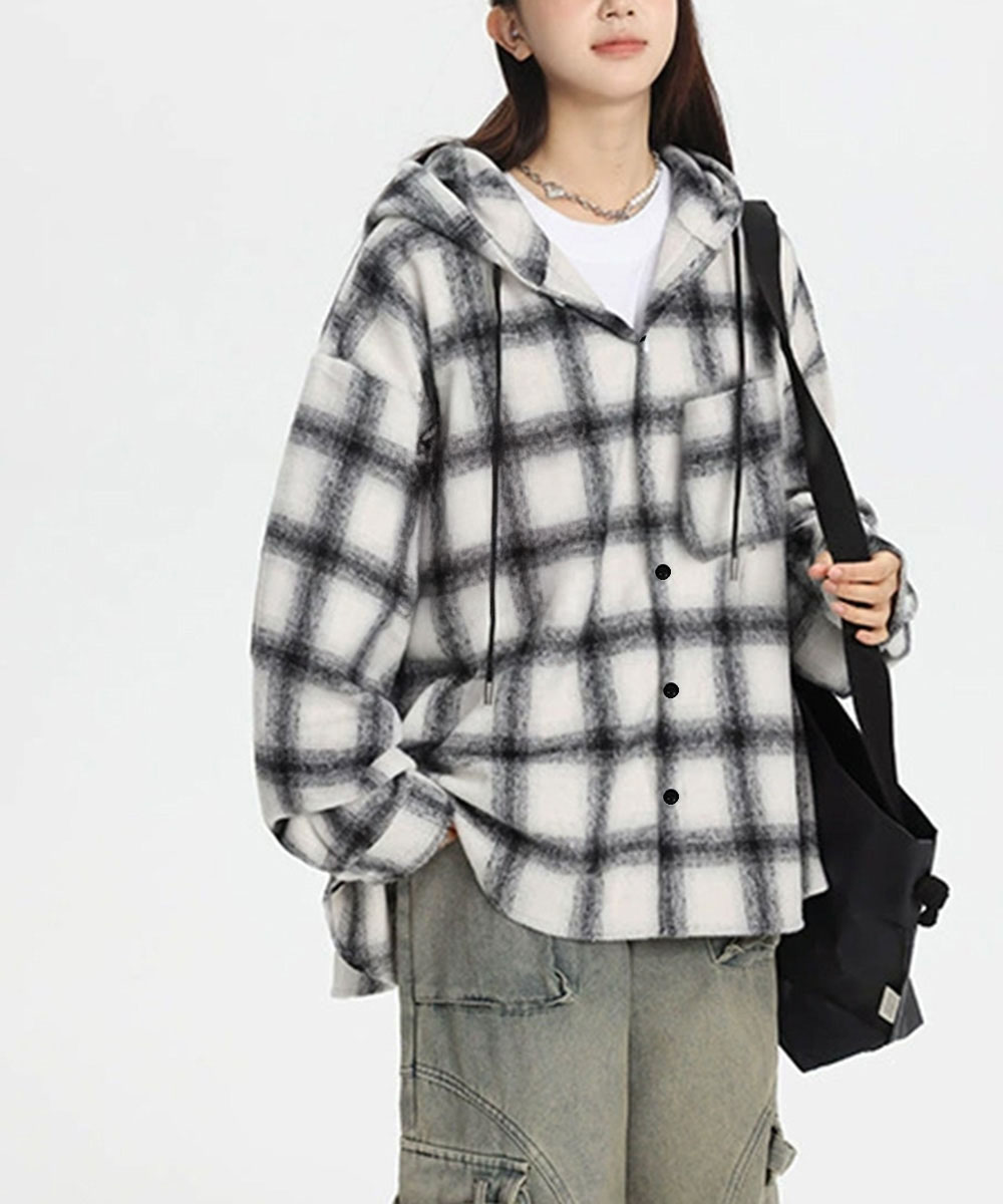 カジュアルコーデ チェック柄フード付きシャツ レディース秋冬羽織り