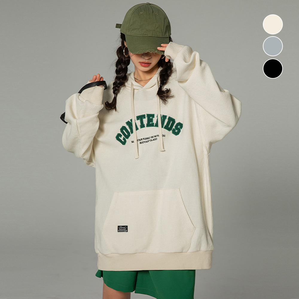 カジュアルコーデ ワッフル素材スウェット フード付き韓国風レディース