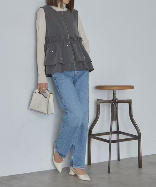 カジュアルコーデ 新作パール付きフリルジャケット体型カバー重ね着ベスト