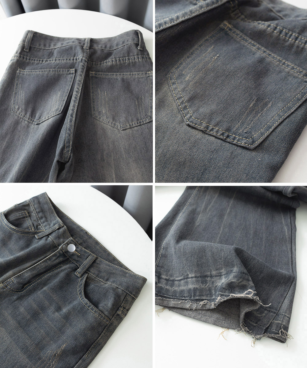 カジュアルコーデ 復古風広がりデニムパンツ 裾切りっぱなし加工