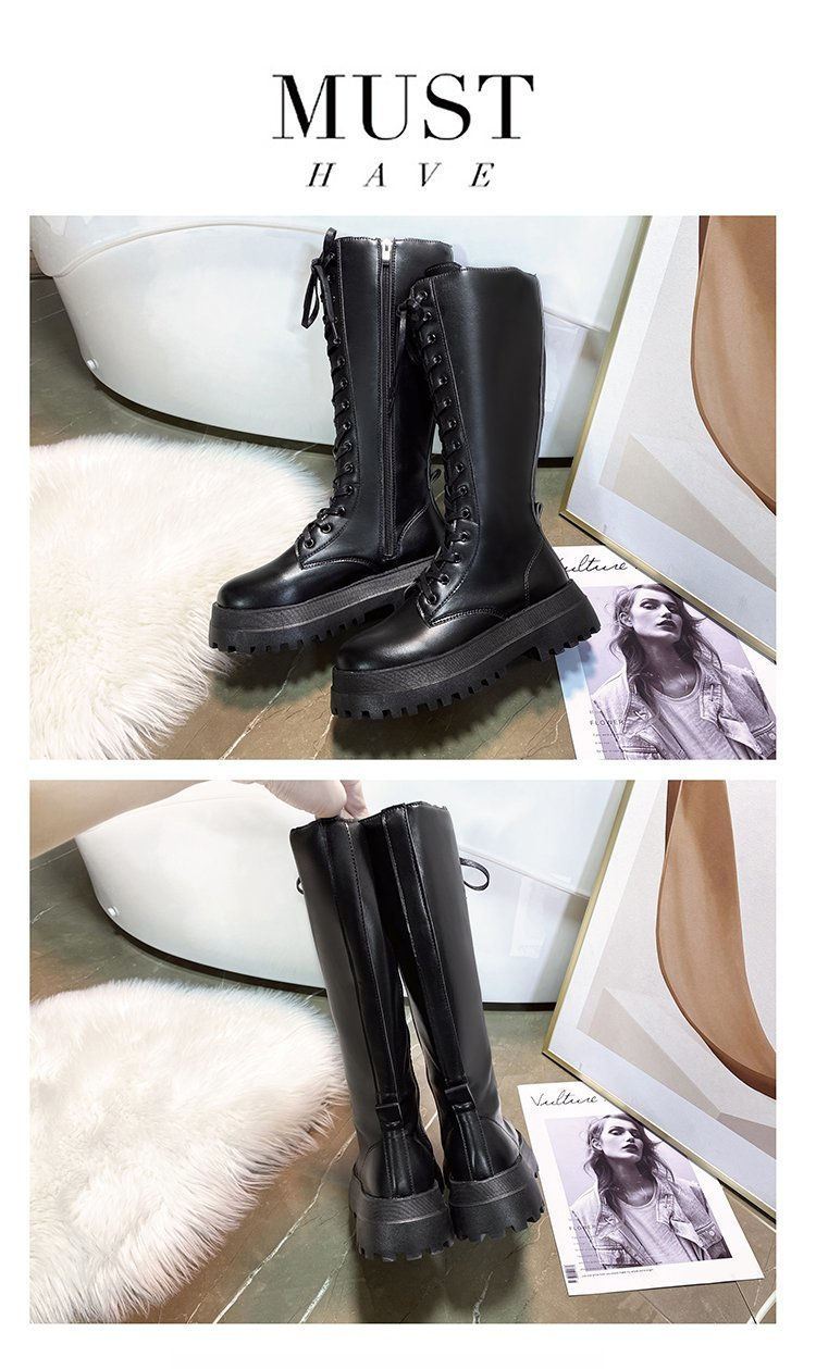 カジュアルコーデ 秋冬厚底ロングブーツ編み上げ美脚効果裏起毛