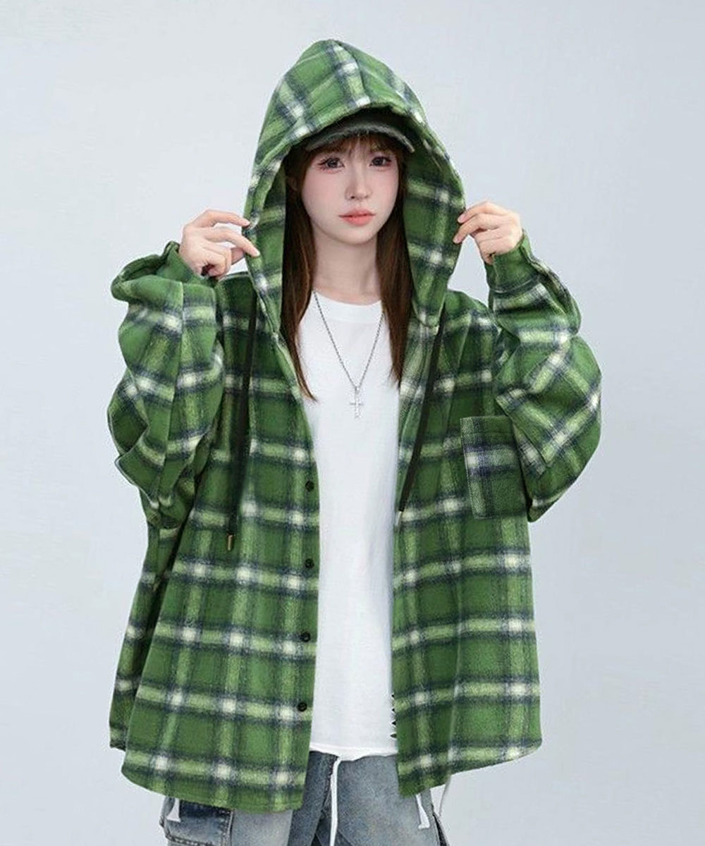 カジュアルコーデ チェック柄フード付きシャツ レディース秋冬羽織り