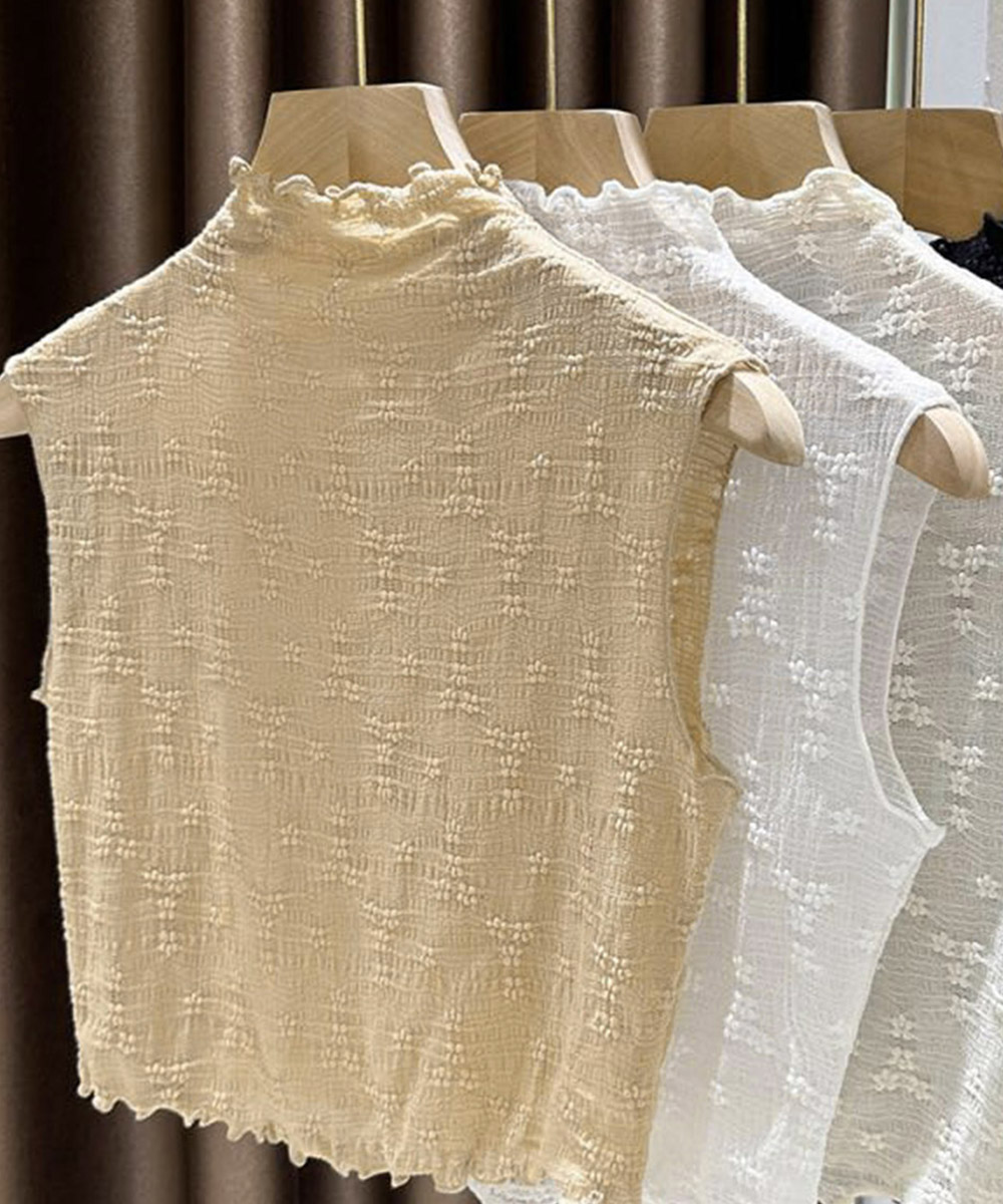 カジュアルコーデ 総レース花柄フリルネックインナートップス