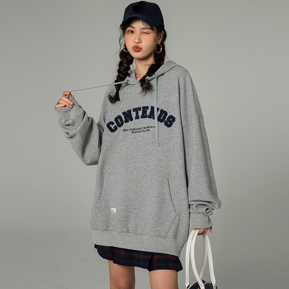 カジュアルコーデ ワッフル素材スウェット フード付き韓国風レディース