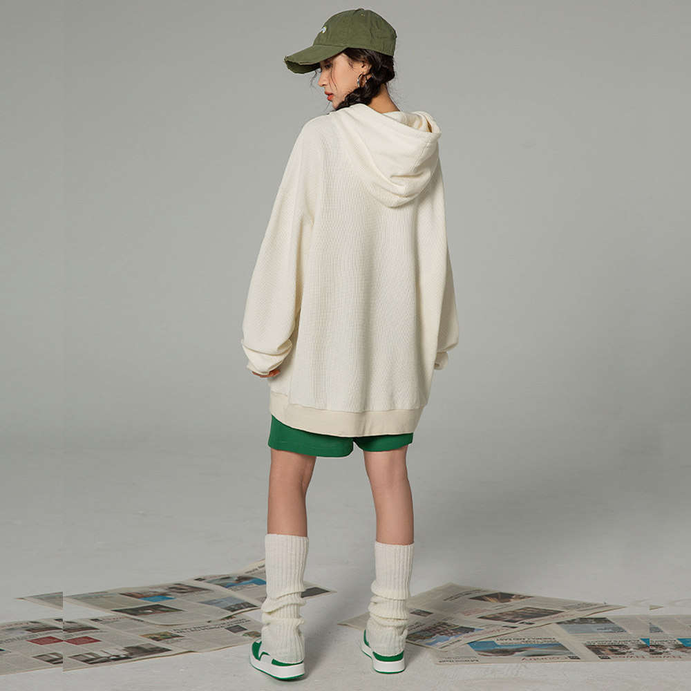 カジュアルコーデ ワッフル素材スウェット フード付き韓国風レディース