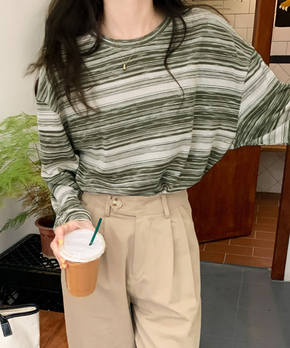 カジュアルコーデ 韓国風ボーダー長袖トップス春秋レディース