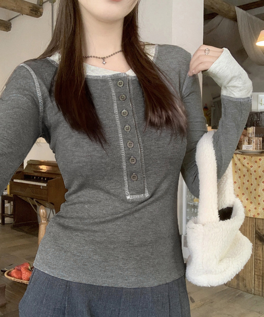 カジュアルコーデ 配色切り替えヘンリーネックトップス長袖