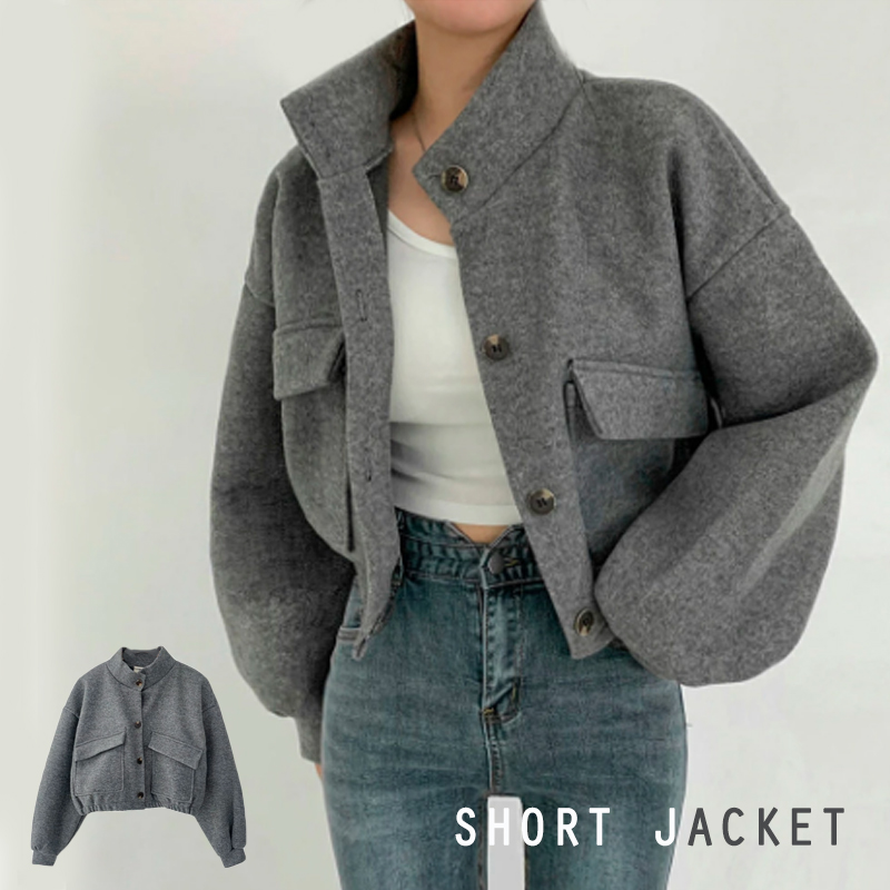 カジュアルコーデ 2024新作レディースアウター立ち襟ショート丈グレージャケット