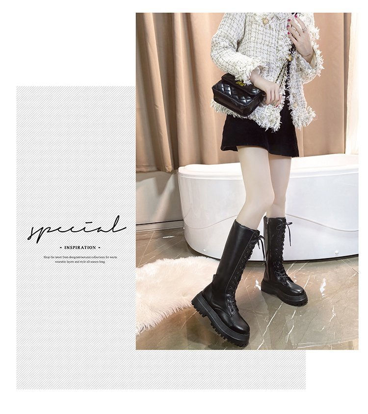 カジュアルコーデ 秋冬厚底ロングブーツ編み上げ美脚効果裏起毛