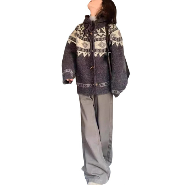 カジュアルコーデ 秋冬新作 北欧柄ニット厚手フード付きカーディガン