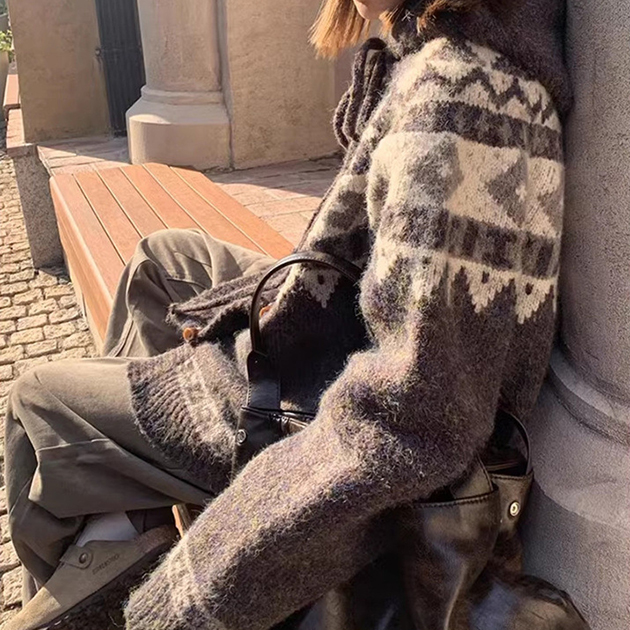 カジュアルコーデ 秋冬新作 北欧柄ニット厚手フード付きカーディガン