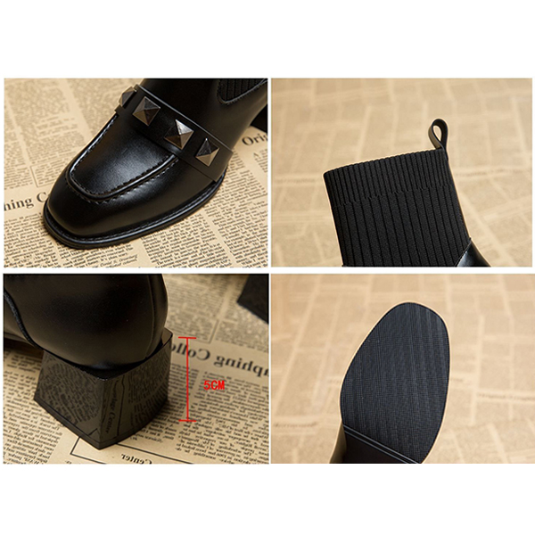カジュアルコーデ レディース ソックスブーツ 黒 厚底 太ヒール レザー調 ショートブーツ
