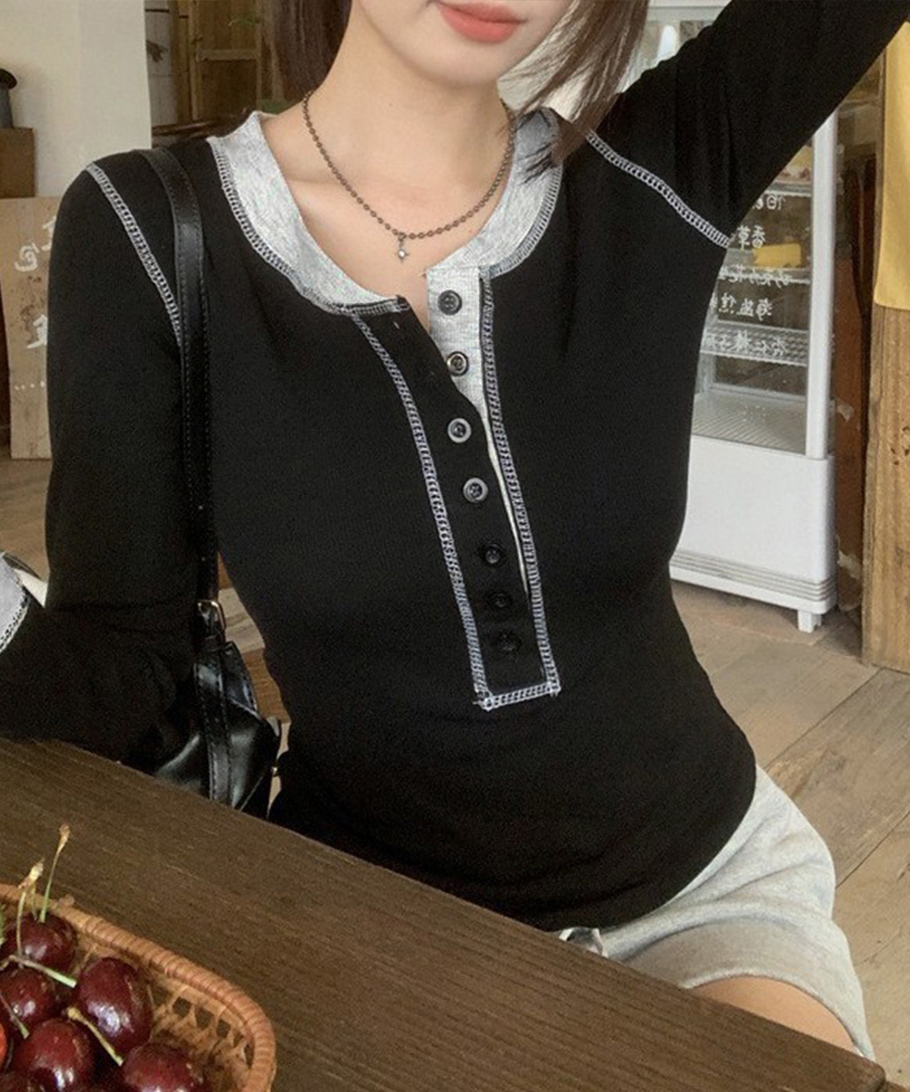 カジュアルコーデ 配色切り替えヘンリーネックトップス長袖