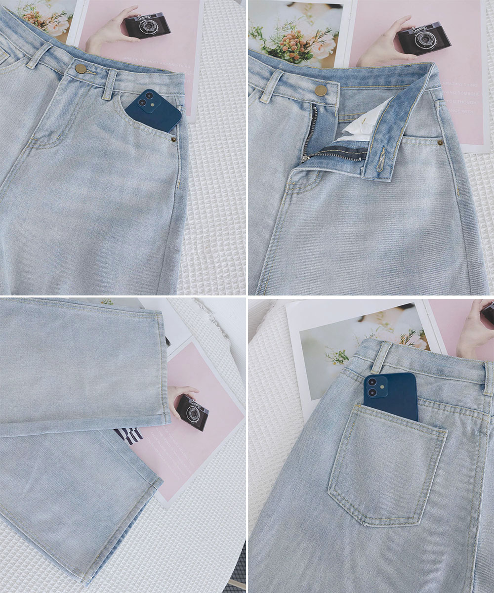 カジュアルコーデ ハイウエストダメージ加工デニムパンツ