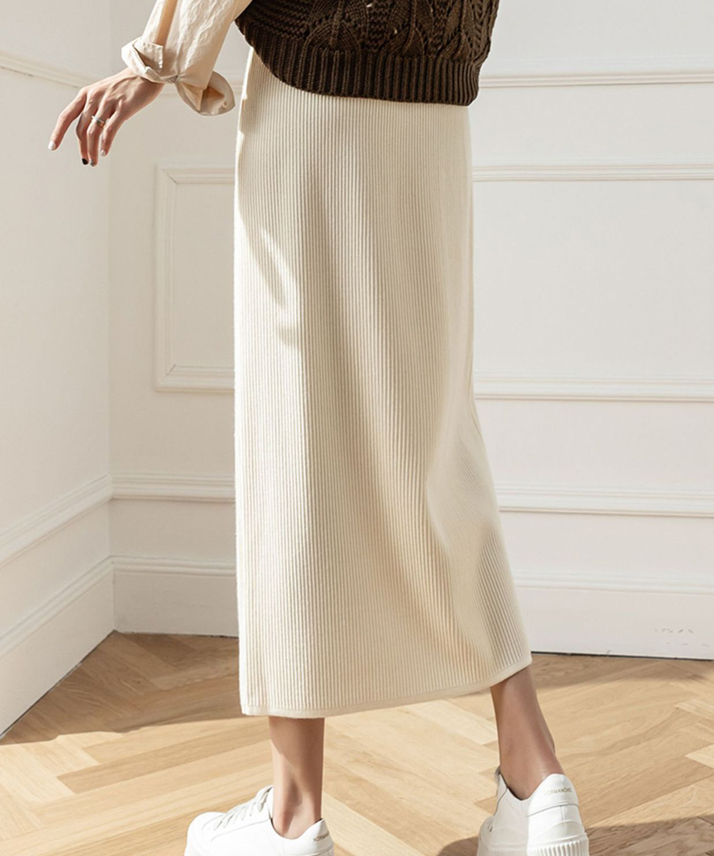 カジュアルコーデ リブニットロングスカート ミモレ丈 秋冬 韓国風