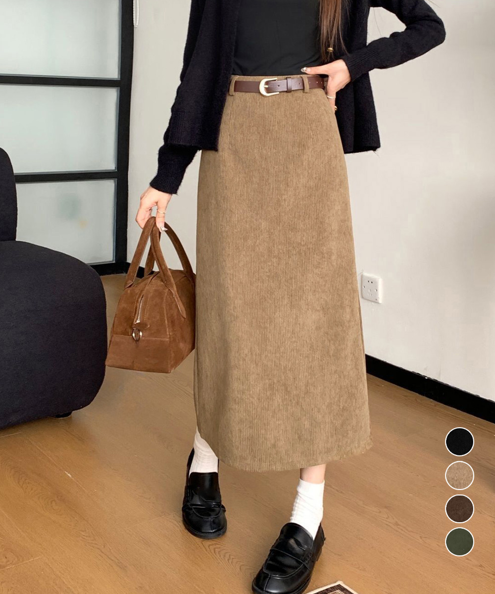 カジュアルコーデ コーデュロイタイトスカート ベルト付き ロング丈