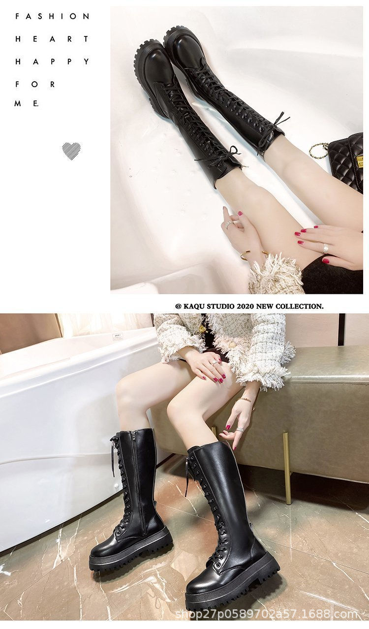 カジュアルコーデ 秋冬厚底ロングブーツ編み上げ美脚効果裏起毛