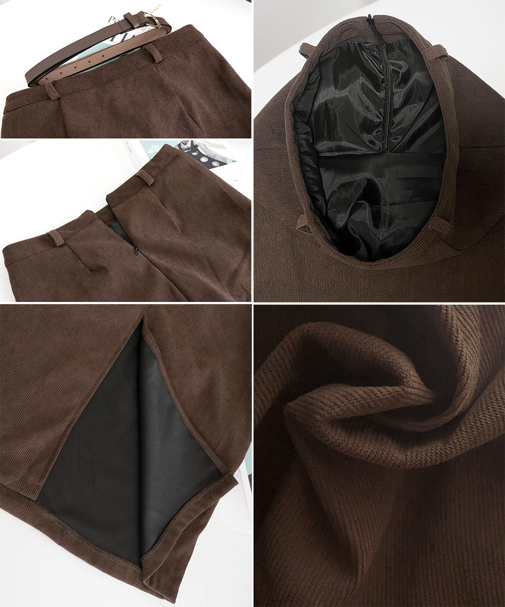 カジュアルコーデ コーデュロイタイトスカート ベルト付き ロング丈