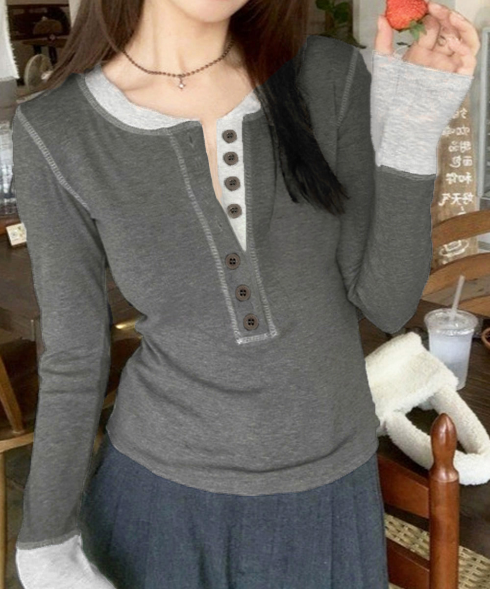 カジュアルコーデ 配色切り替えヘンリーネックトップス長袖