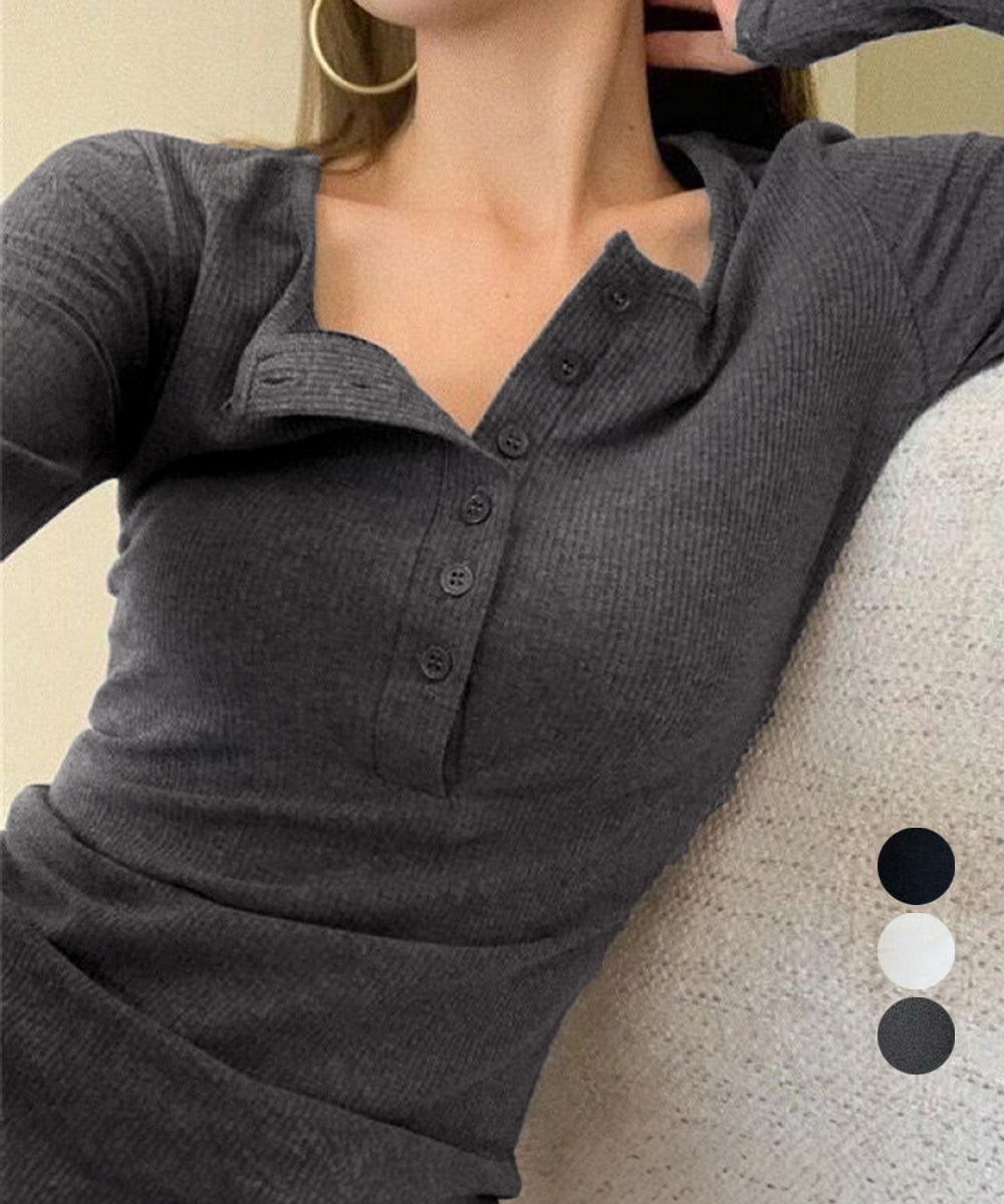 カジュアルコーデ リブ編み長袖ボタン付きフィットトップス