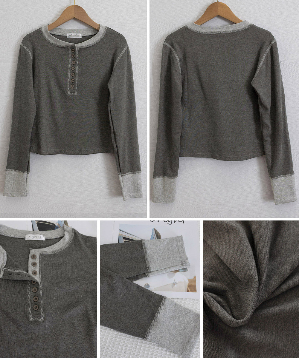 カジュアルコーデ 配色切り替えヘンリーネックトップス長袖