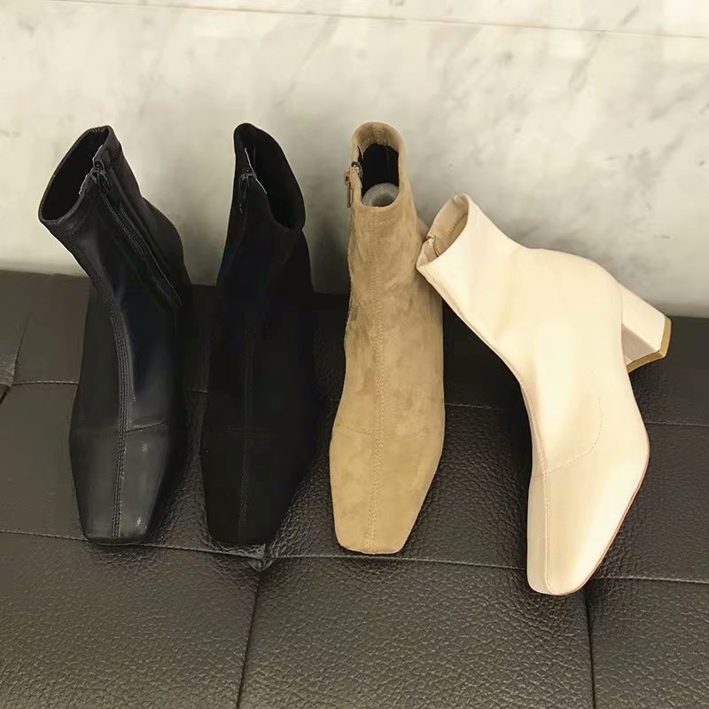 カジュアルコーデ 太ヒール ショートブーツ レディース 美脚効果 スクエアトゥ