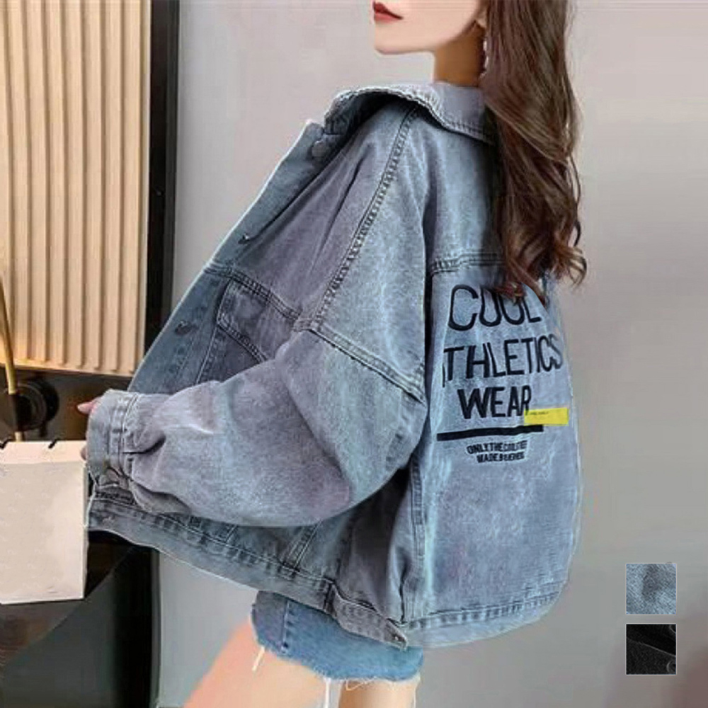 カジュアルコーデ レディース デニムジャケット 背中ロゴ刺繍 体型カバー
