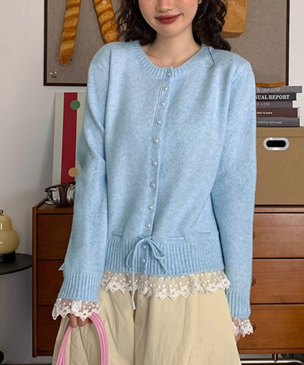 カジュアルコーデ レース切替えニットカーディガン長袖秋冬