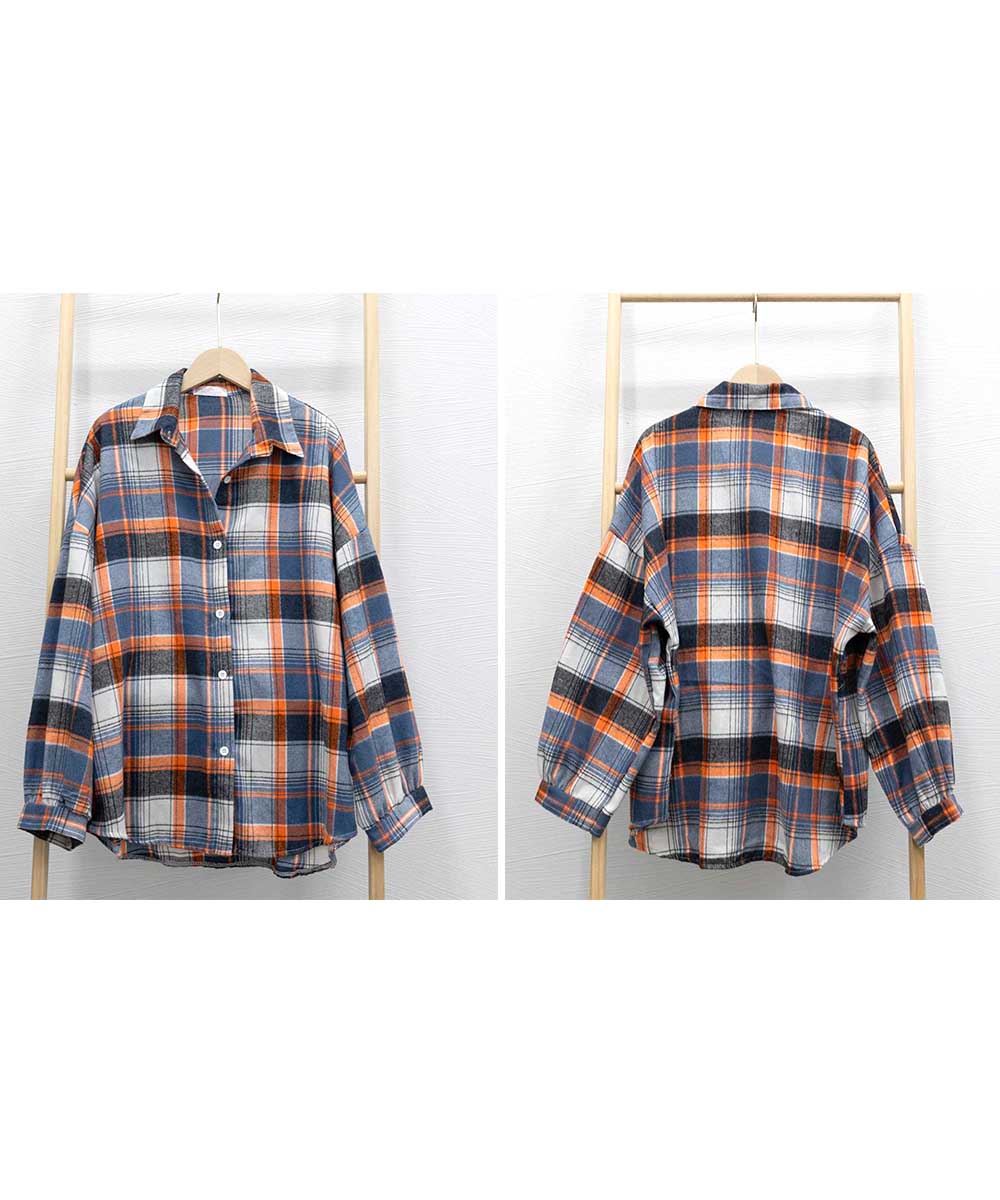 カジュアルコーデ ゆったりチェック柄シャツ 長袖 体型カバー
