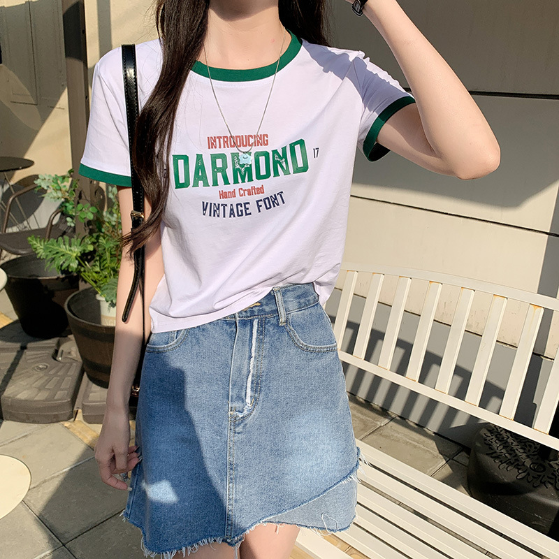 カジュアルコーデ レトロプリント リンガー半袖Tシャツ