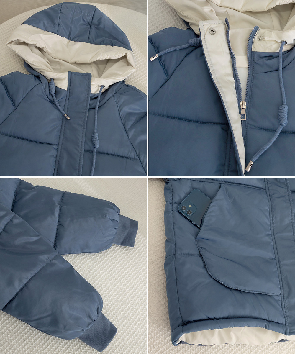 カジュアルコーデ 配色フード付き中綿アウター レディース冬用ジャケット