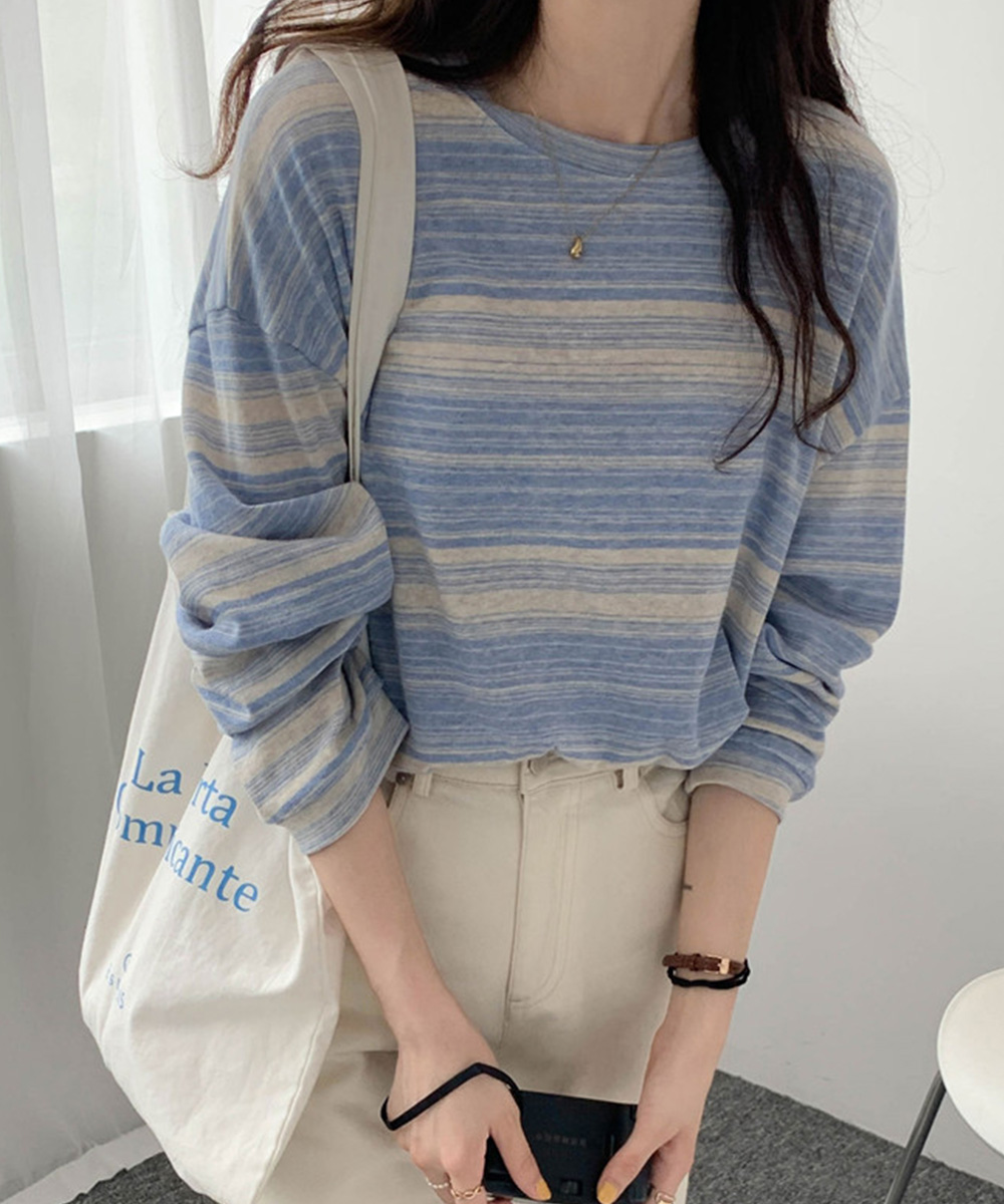 カジュアルコーデ 韓国風ボーダー長袖トップス春秋レディース