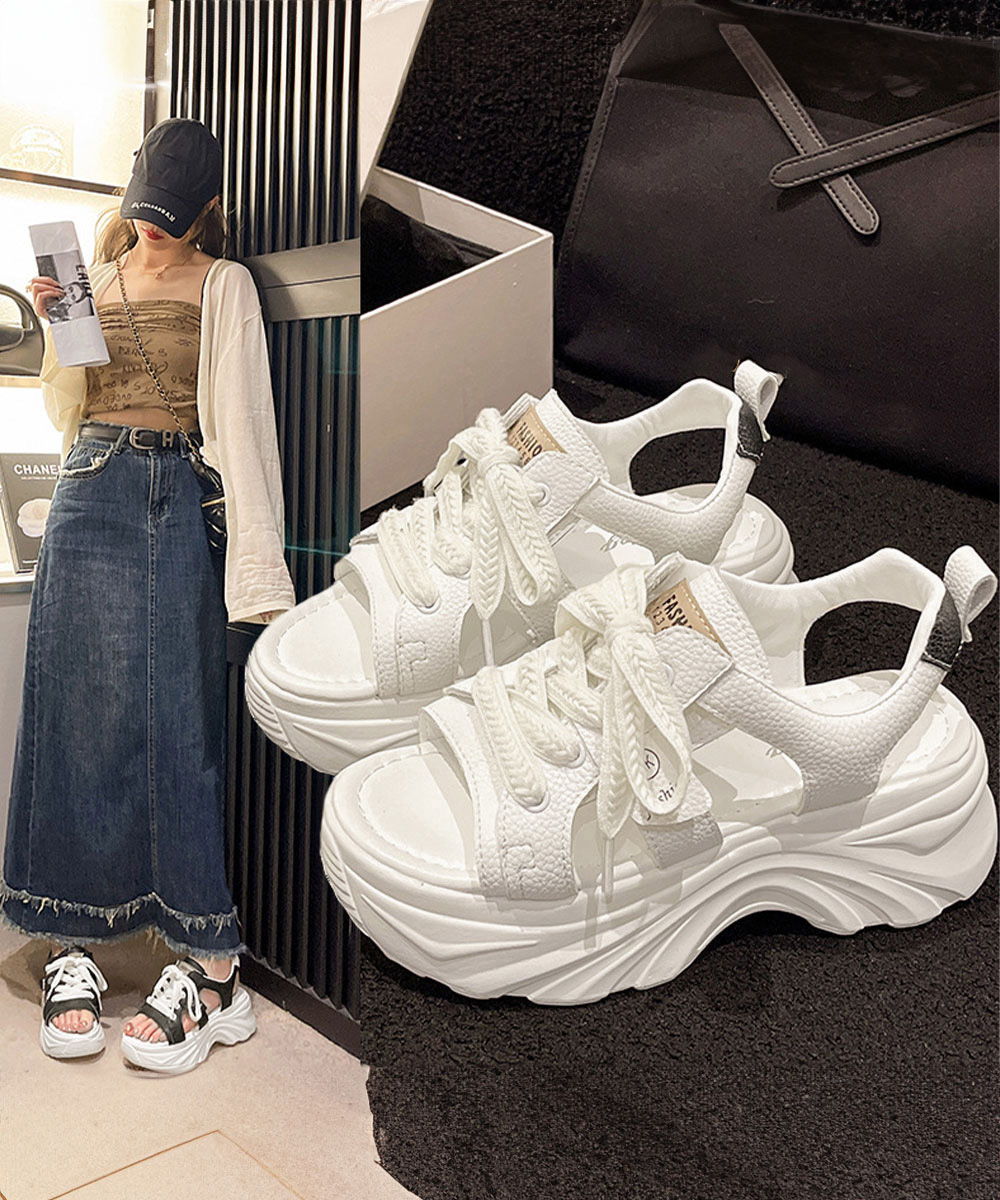 カジュアルコーデ 厚底サンダル レースアップ 美脚 スニーカータイプ