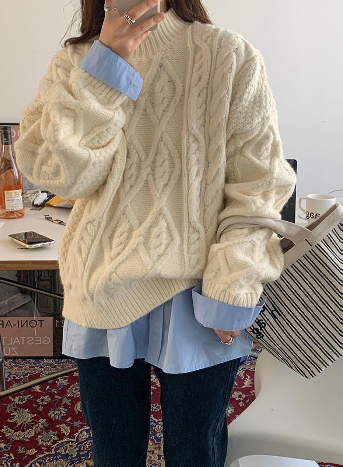 カジュアルコーデ 秋冬新作ケーブル編みニットざっくりハイネックセーター